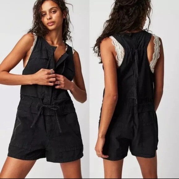 Free People New Beat One-Piece Short Romper Black Mineral Wash Bohemian Sz XS - Picture 1 of 8